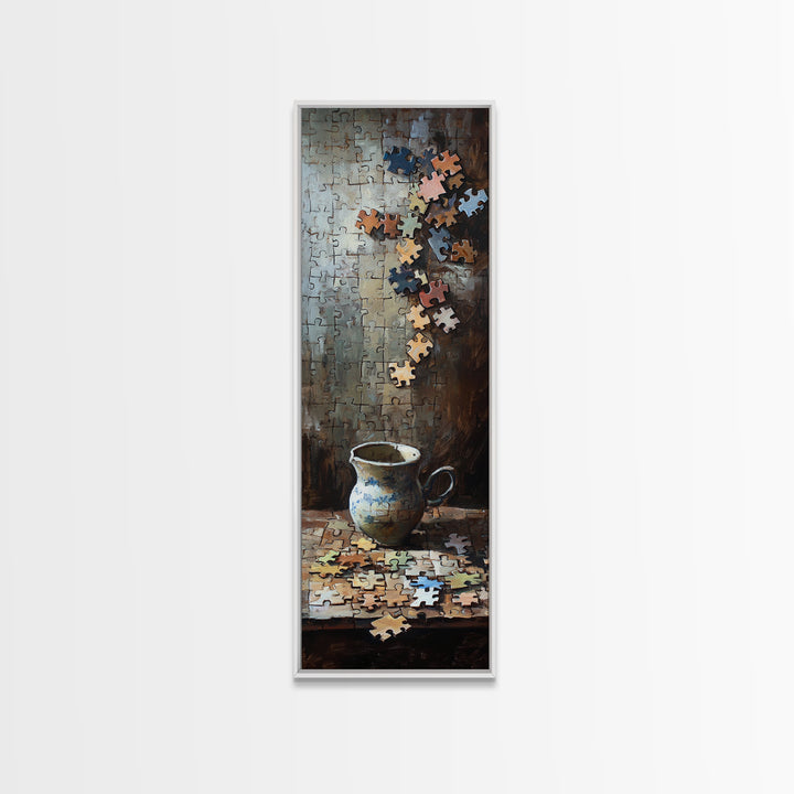 Floating Puzzle Pieces And Teacup Wall Art, Whimsical Still Life Oil Painting Print, Eclectic Game Room Home Decor Gift Idea