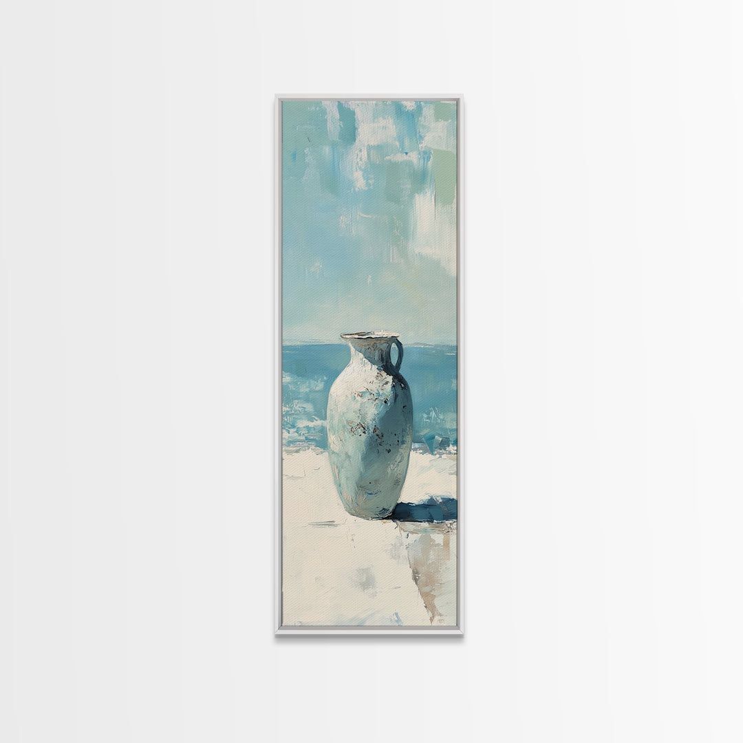 White Ceramic Vase By The Sea Canvas Print, Coastal Wall Art, Minimalist Ocean Decor, Beach House Living Room Art, Neutral Home Decor