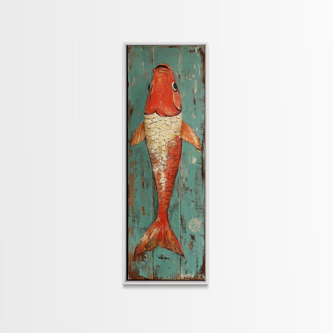 Red Koi Fish On Turquoise Wood Wall Art, Nautical Coastal Canvas Print, Rustic Beach House Decor, Ocean Lover Gift For Him