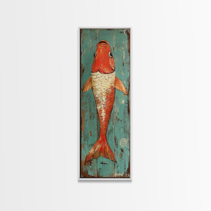Red Koi Fish On Turquoise Wood Wall Art, Nautical Coastal Canvas Print, Rustic Beach House Decor, Ocean Lover Gift For Him