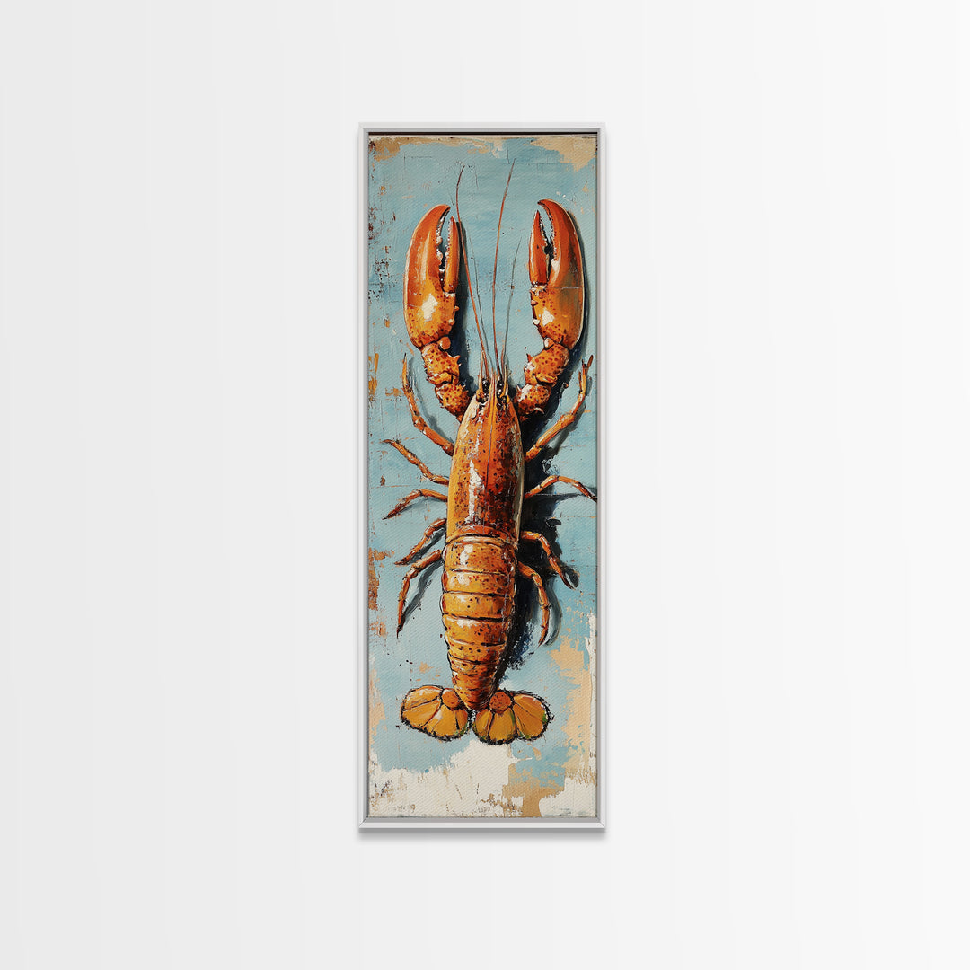 Orange Lobster On Weathered Blue Wall Art, Coastal Kitchen Decor, Nautical Canvas Print, Seafood Wall Decor, Beach House Gift
