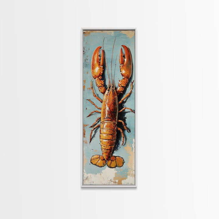 Orange Lobster On Weathered Blue Wall Art, Coastal Kitchen Decor, Nautical Canvas Print, Seafood Wall Decor, Beach House Gift