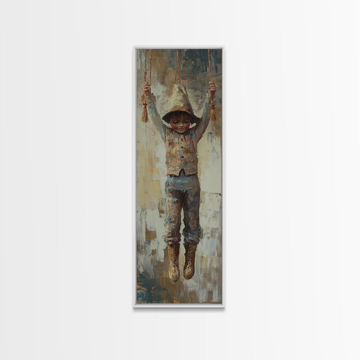 Hooded Child On Swing Wall Art, Whimsical Canvas Print, Nursery Decor, Kids Room Art, Storybook Gift, Playroom Decor For Children
