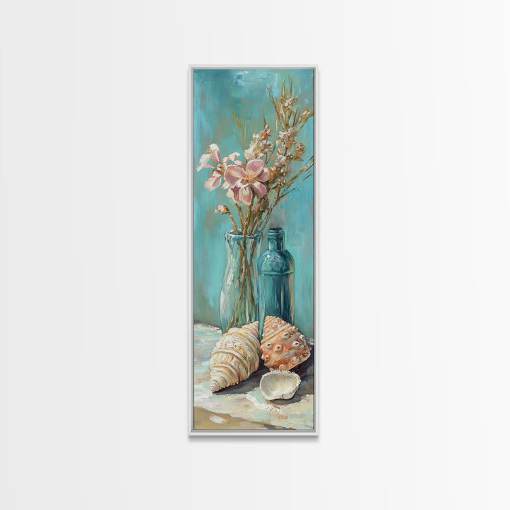 Coastal Seashells And Blue Bottles Wall Art, Beach Canvas Print, Nautical Decor, Ocean Wall Art, Beach House Gift For Her