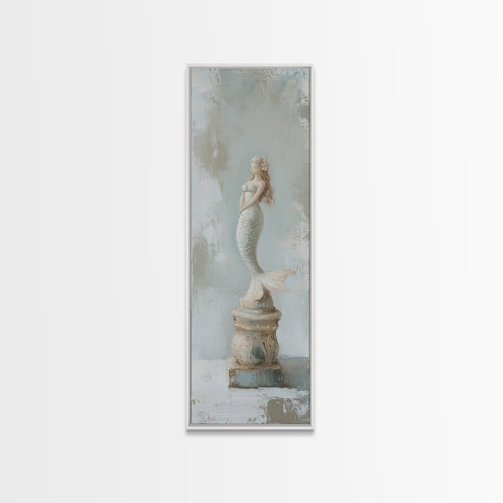 White Mermaid Statue Coastal Wall Art, Nautical Bathroom Canvas Print, Beach House Decor, Feminine Fantasy Gift For Her Home