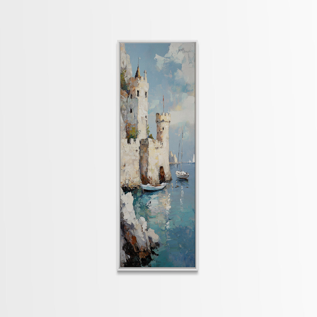 Seaside Castle With Sailboats Canvas Print, Coastal Wall Art, Mediterranean Decor, Lake Como Art, Nautical Living Room Decor