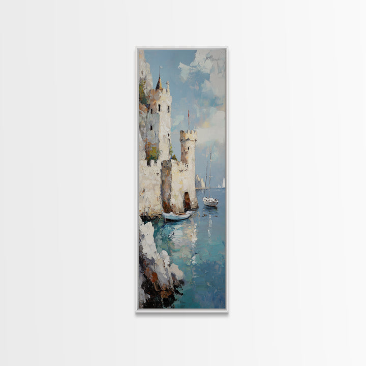 Seaside Castle With Sailboats Canvas Print, Coastal Wall Art, Mediterranean Decor, Lake Como Art, Nautical Living Room Decor