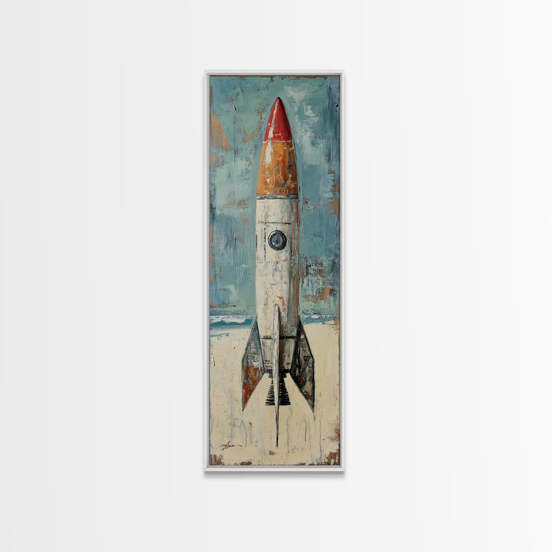 Retro Red Rocket Ship Canvas Print, Space Wall Art, Futuristic Wall Decor, Kids Room Decor, Sci Fi Nursery Art Gift For Boys