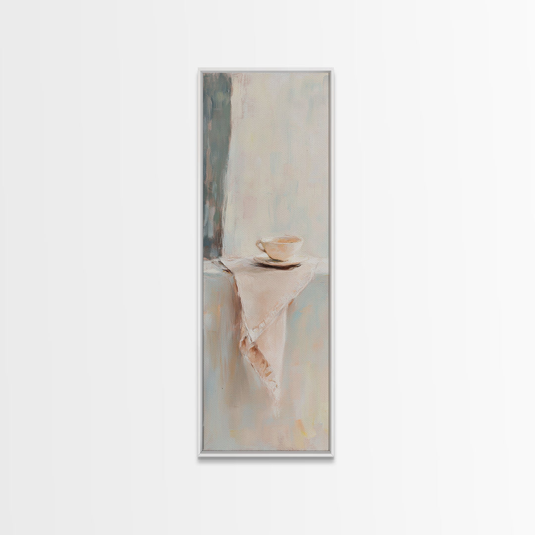 Minimalist Teacup On Linen Shelf Wall Art, Neutral Kitchen Decor, Coffee Bar Art Print, Japandi Canvas Print, Gift For Her