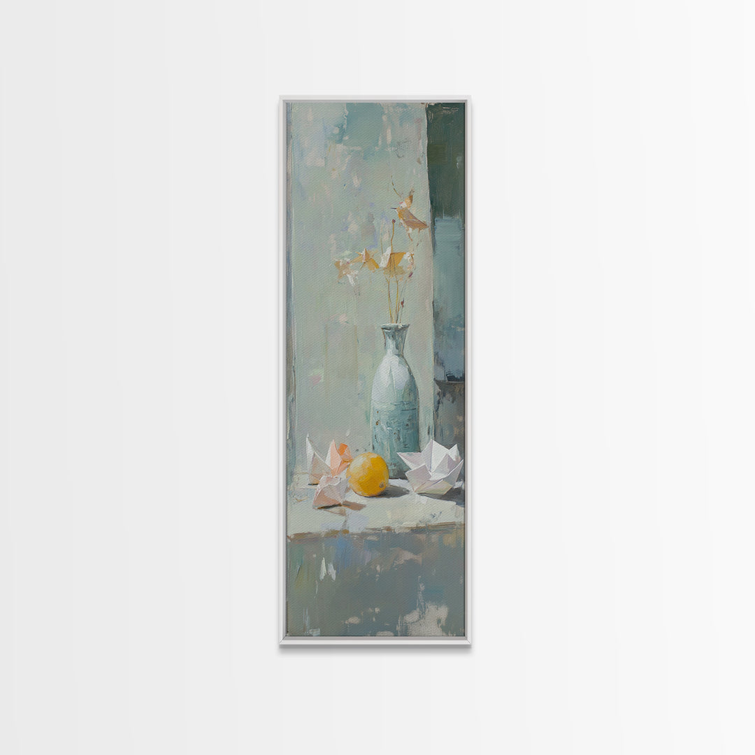 Blue Vase With Paper Cranes And Lemon Wall Art, Soft Still Life Canvas Print For Kitchen Decor And Neutral Home Decor Gift