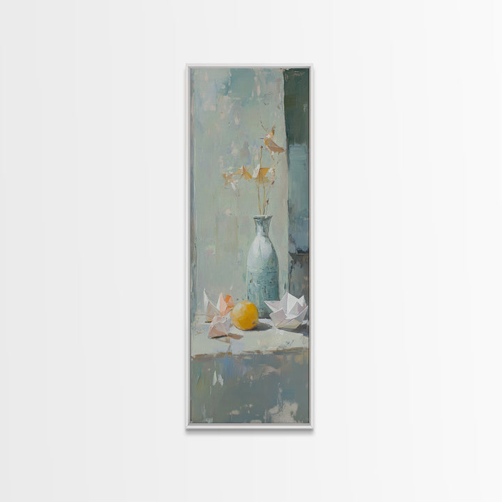Blue Vase With Paper Cranes And Lemon Wall Art, Soft Still Life Canvas Print For Kitchen Decor And Neutral Home Decor Gift