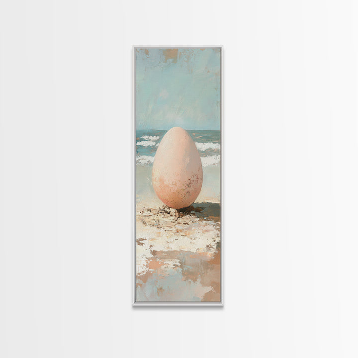Speckled Egg On Sandy Beach Canvas Print, Surreal Coastal Wall Art For Beach House Decor, Ocean Wall Decor And Unique Gift