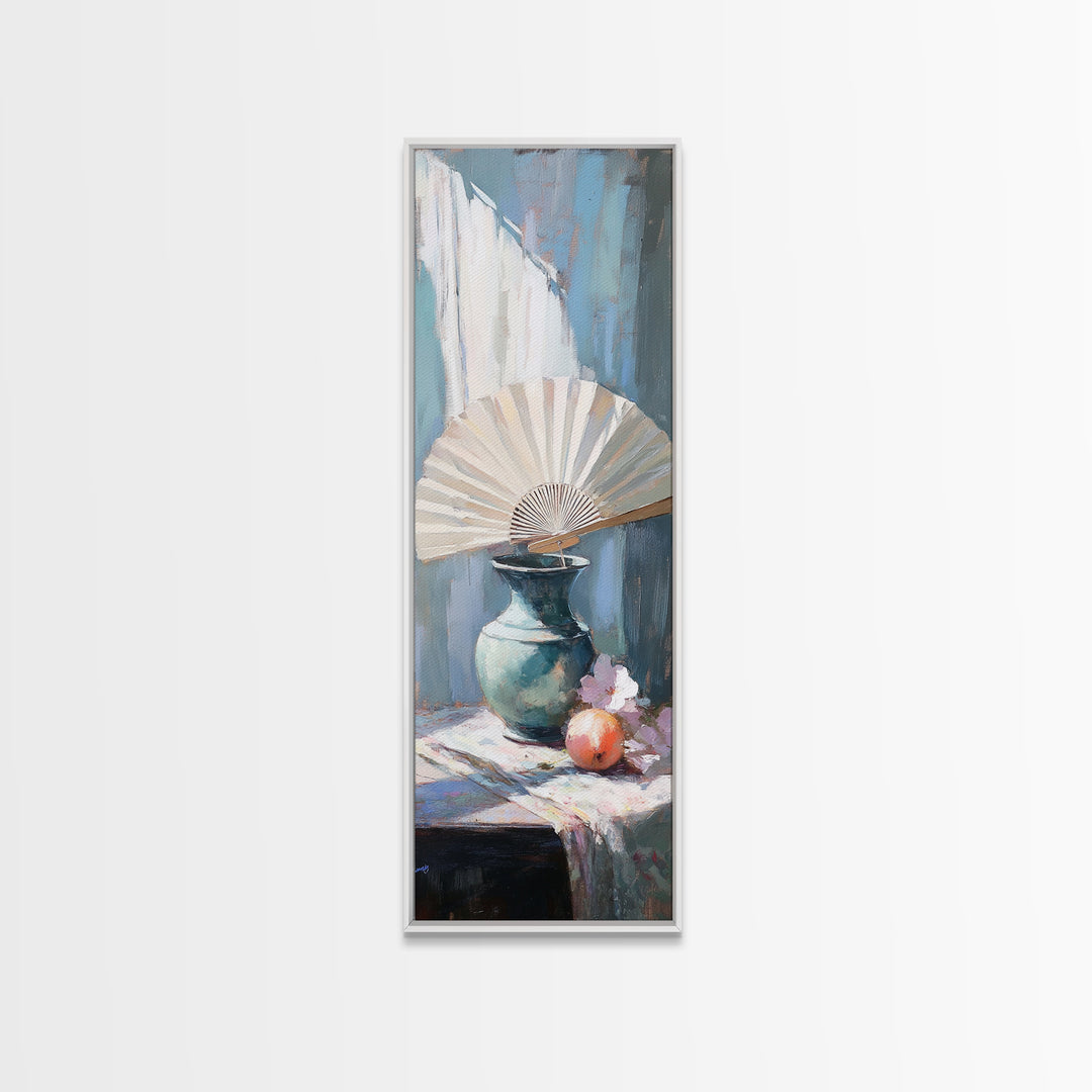 White Folding Fan Over Blue Vase Wall Art, Japandi Canvas Print For Bedroom Decor, Elegant Still Life And Modern Home Decor