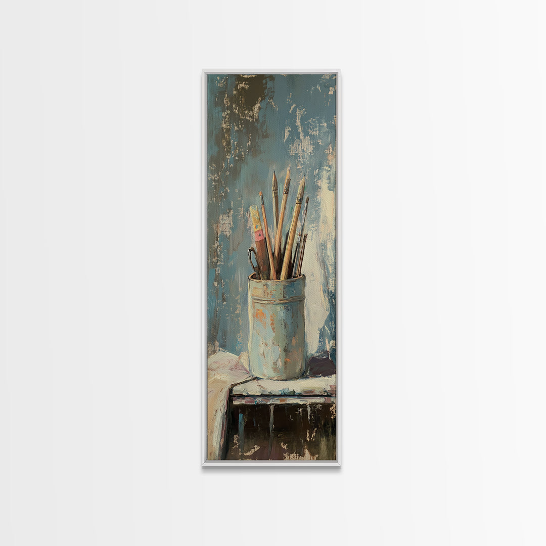 Paintbrushes In Blue Cup Wall Art, Artist Studio Canvas Print, Rustic Creative Office Decor For Art Lover Gift And Home Decor