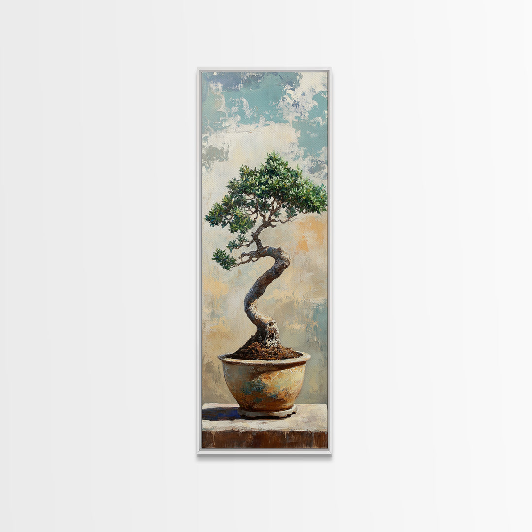 Bonsai Tree In Ceramic Pot Framed Canvas Print, Japanese Zen Wall Art, Nature Inspired Decor For Office And Meditation Room