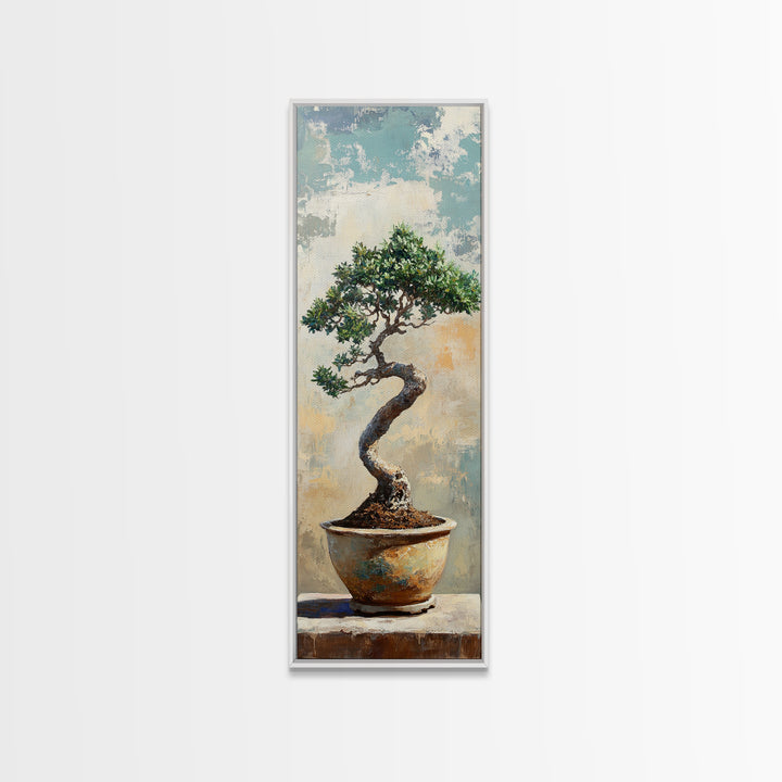 Bonsai Tree In Ceramic Pot Framed Canvas Print, Japanese Zen Wall Art, Nature Inspired Decor For Office And Meditation Room