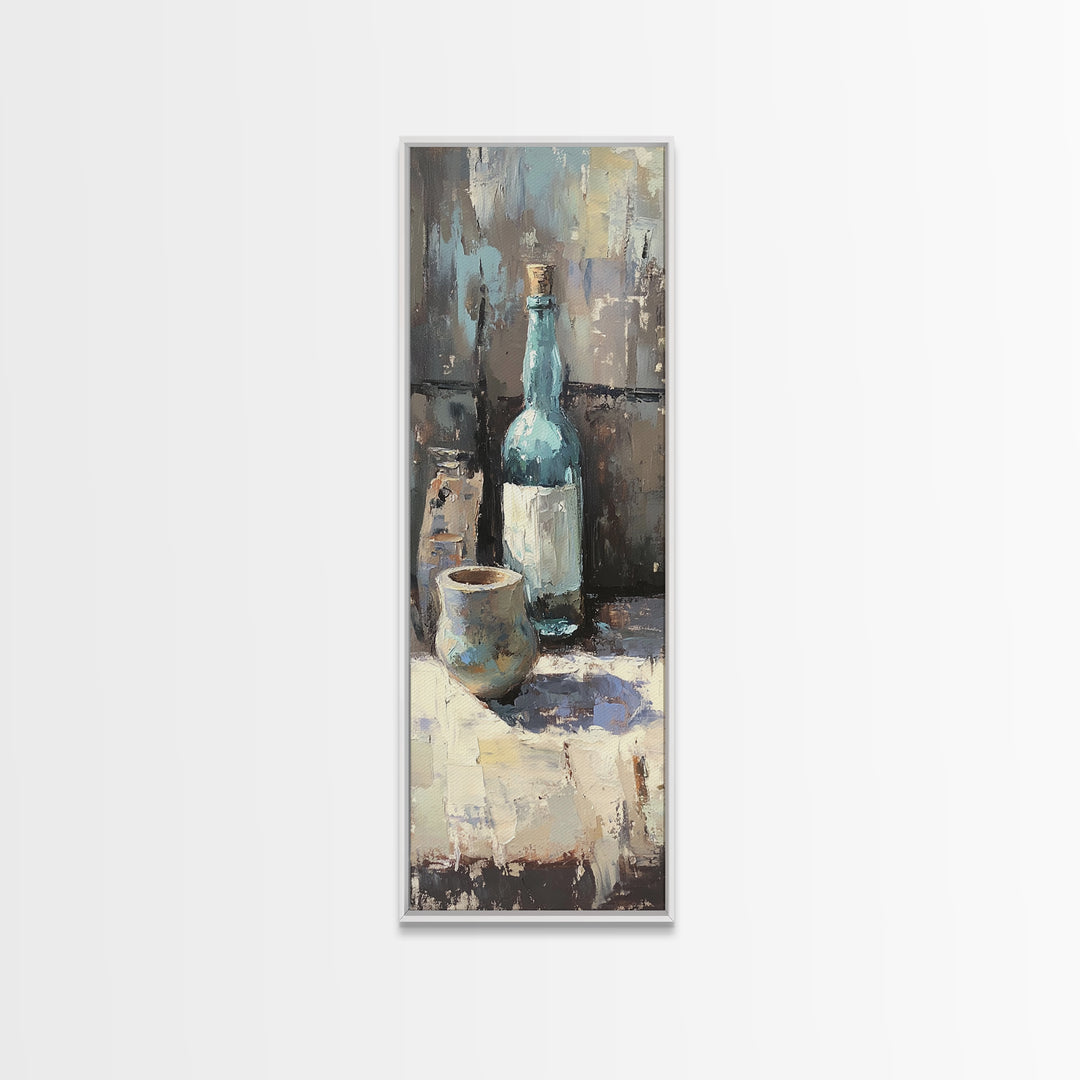 Blue Bottle And Ceramic Cup Still Life Canvas Print, Moody Kitchen Wall Art, Rustic Dining Room Decor, Coffee Bar Gift For Her