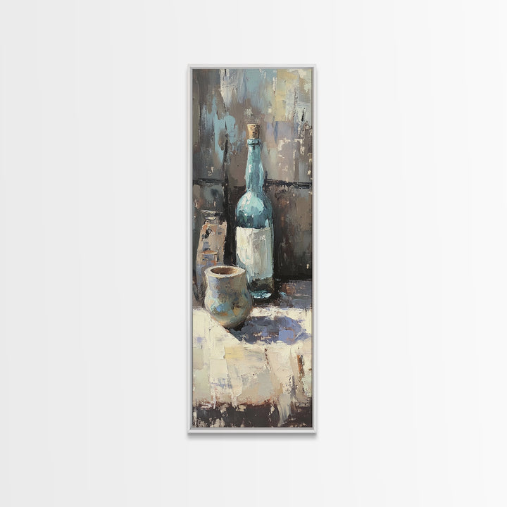 Blue Bottle And Ceramic Cup Still Life Canvas Print, Moody Kitchen Wall Art, Rustic Dining Room Decor, Coffee Bar Gift For Her