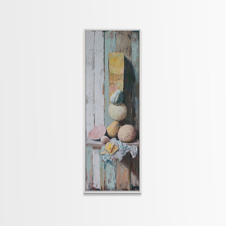 Pastel Stone Stack Still Life Framed Canvas Print, Wabi Sabi Wall Art, Neutral Rustic Decor, Organic Modern Art Gift For Her