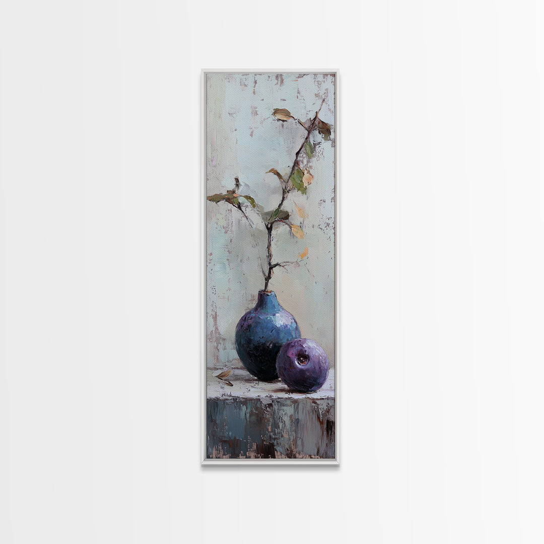 Rustic Blue Vase And Purple Fruit Still Life Wall Art, Textured Botanical Canvas Print For Kitchen And Living Room Decor