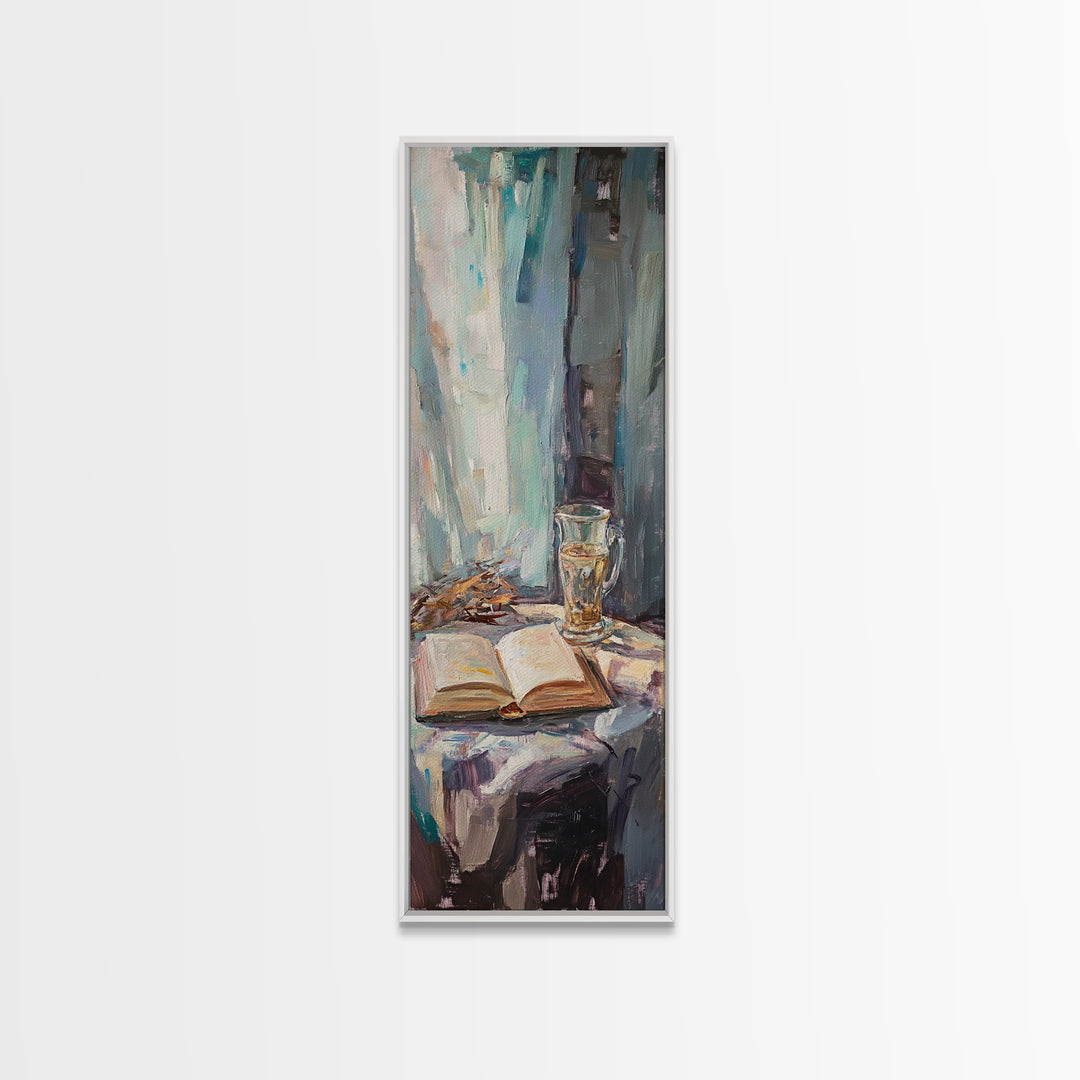 Open Book And Wine Glass By Window Wall Art, Moody Reading Nook Canvas Print For Library Decor, Home Office Decor And Book Lover Gift