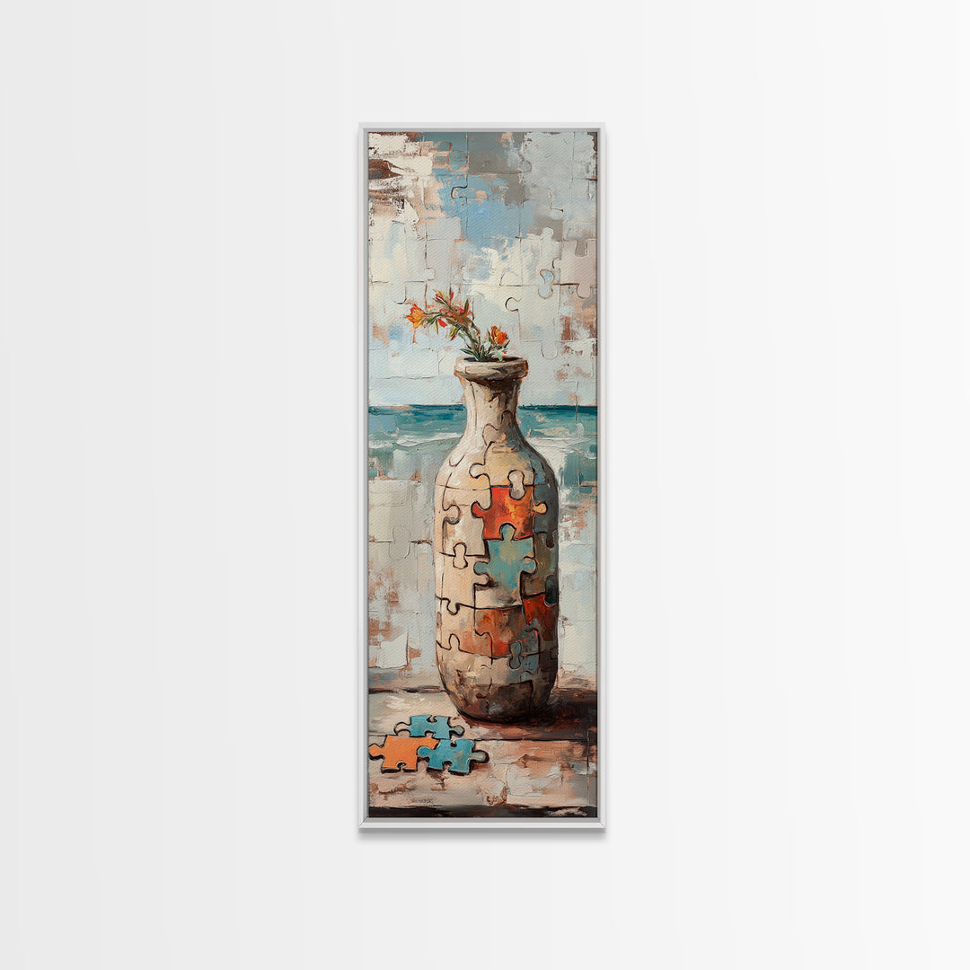 Puzzle Piece Vase With Wildflowers Canvas Print, Whimsical Wall Art, Eclectic Home Decor, Colorful Art, Statement Wall Art