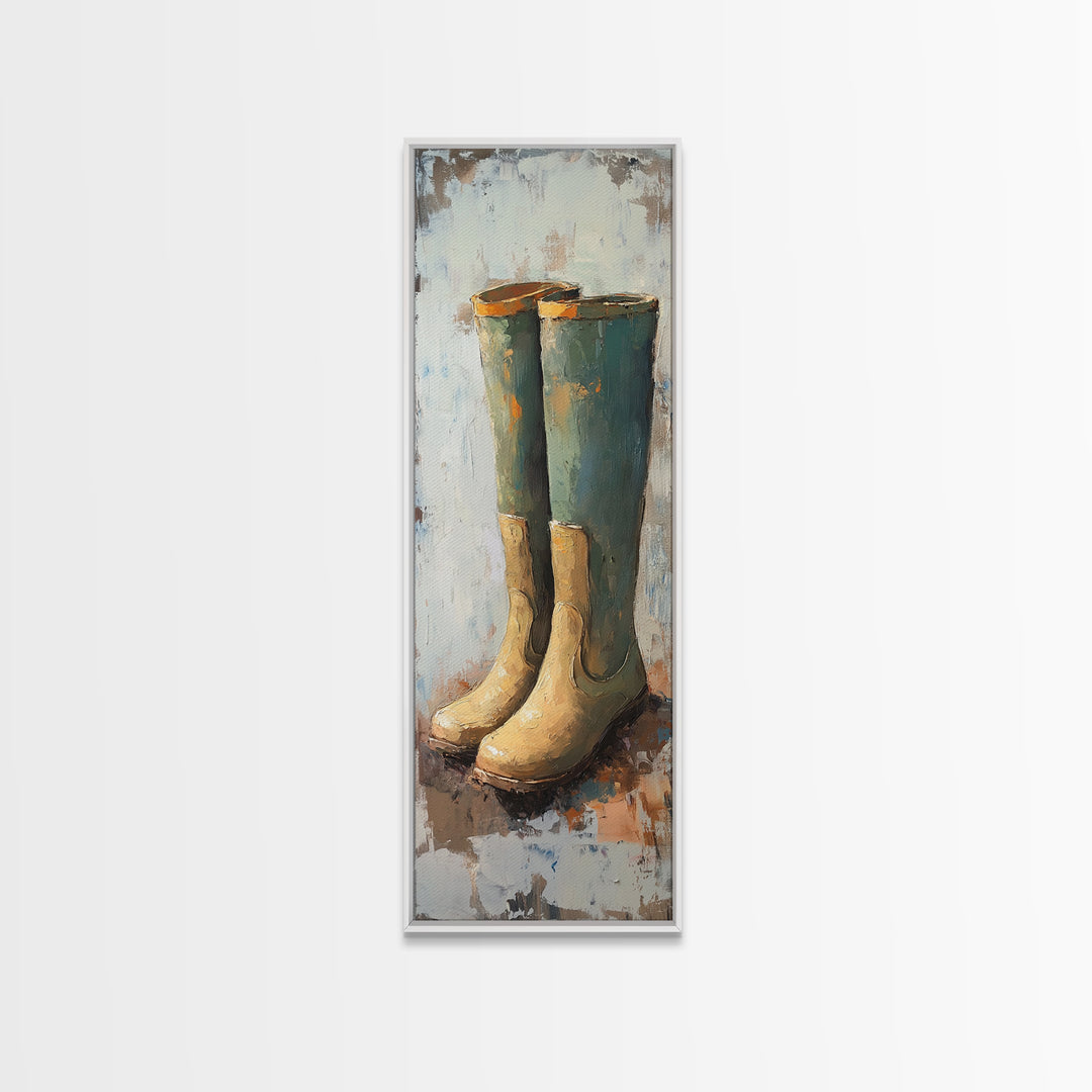 Tall Green Rain Boots Oil Painting Canvas Print, Rustic Farmhouse Decor, Country Wall Art, Mudroom Housewarming Gift For Her