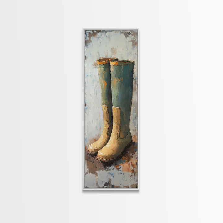 Tall Green Rain Boots Oil Painting Canvas Print, Rustic Farmhouse Decor, Country Wall Art, Mudroom Housewarming Gift For Her