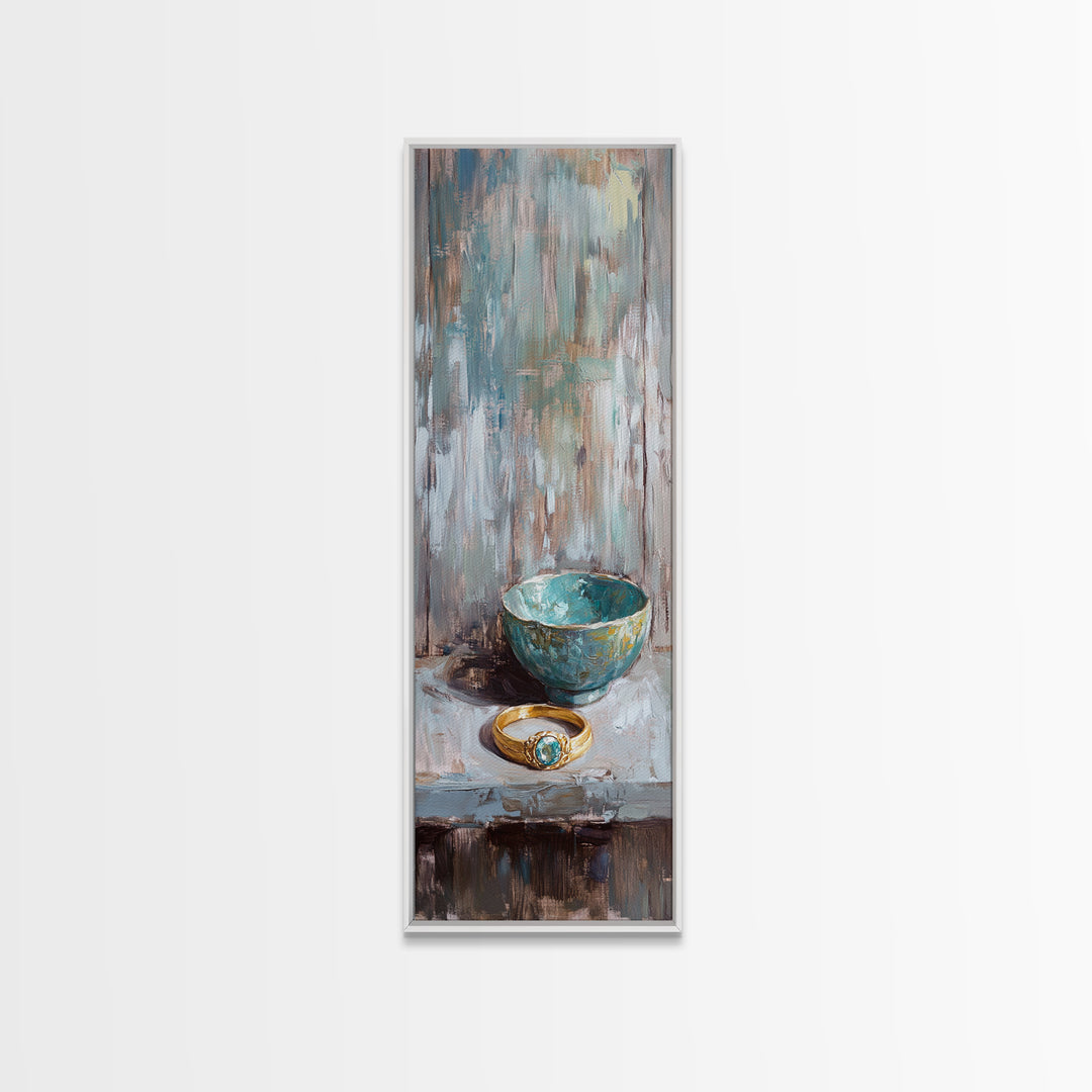 Turquoise Bowl With Gold Ring Oil Painting Canvas Print, Wabi Sabi Wall Art, Rustic Boho Home Decor, Unique Gift For Her