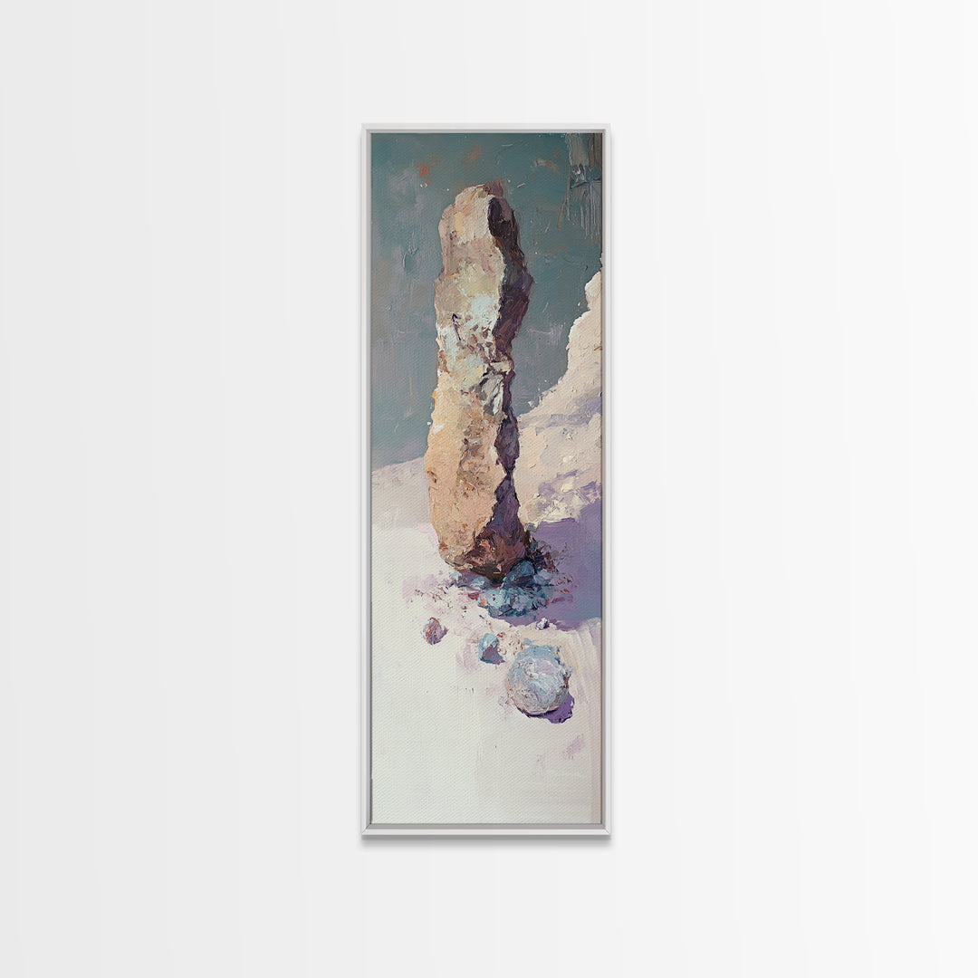 Snowy Standing Stone Impasto Landscape Canvas Print, Minimalist Winter Wall Art, Neutral Nature Decor, Calm Office Art Print