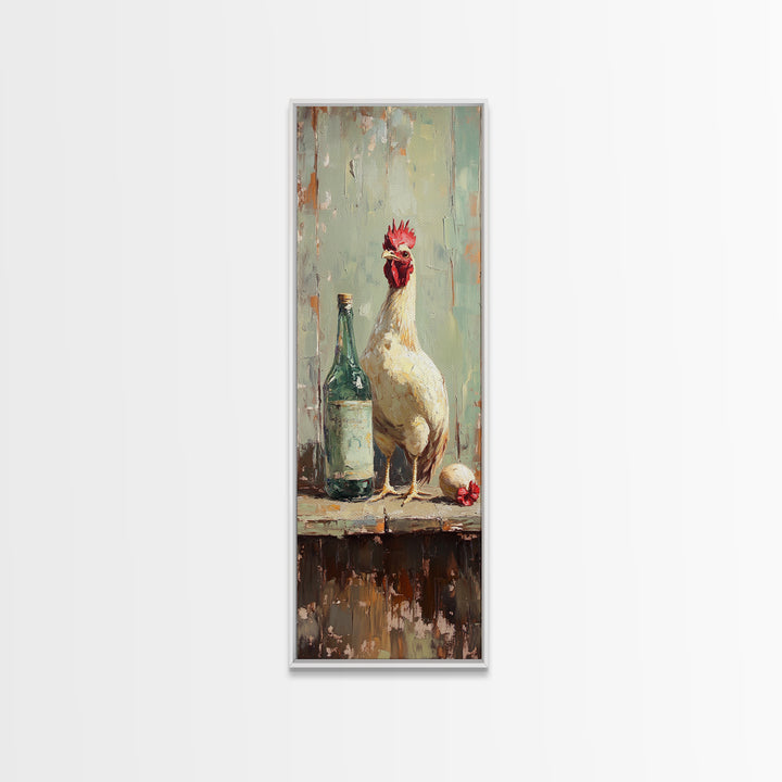 Rustic White Rooster And Green Bottle Framed Canvas Print, Farmhouse Kitchen Wall Art, Country Decor, Chicken Lover Gift
