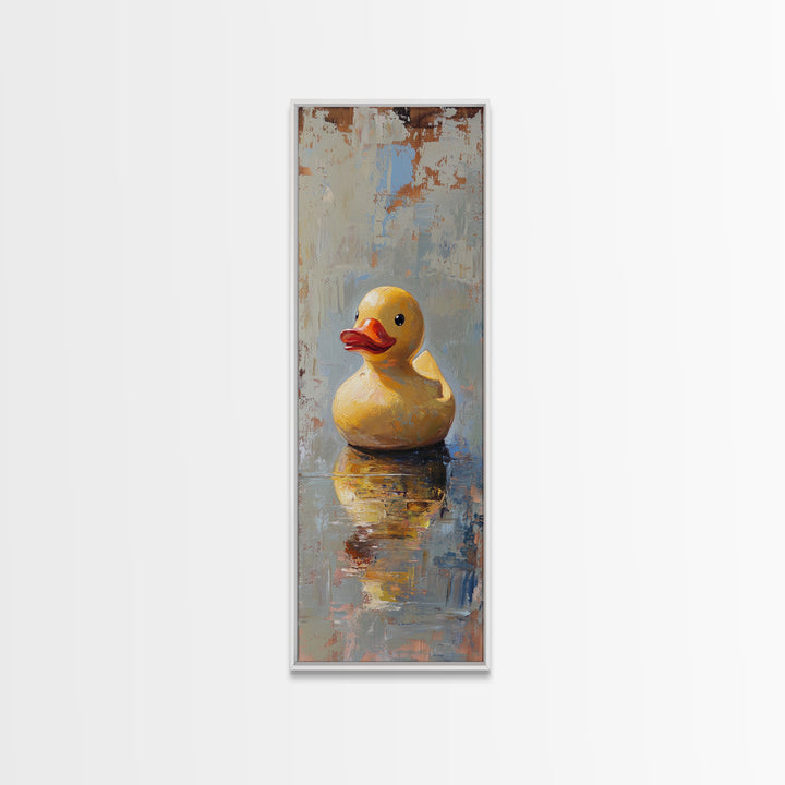 Yellow Rubber Duck In Reflective Water Canvas Print, Funny Bathroom Wall Art, Kids Bath Decor, Whimsical Animal Gift Print