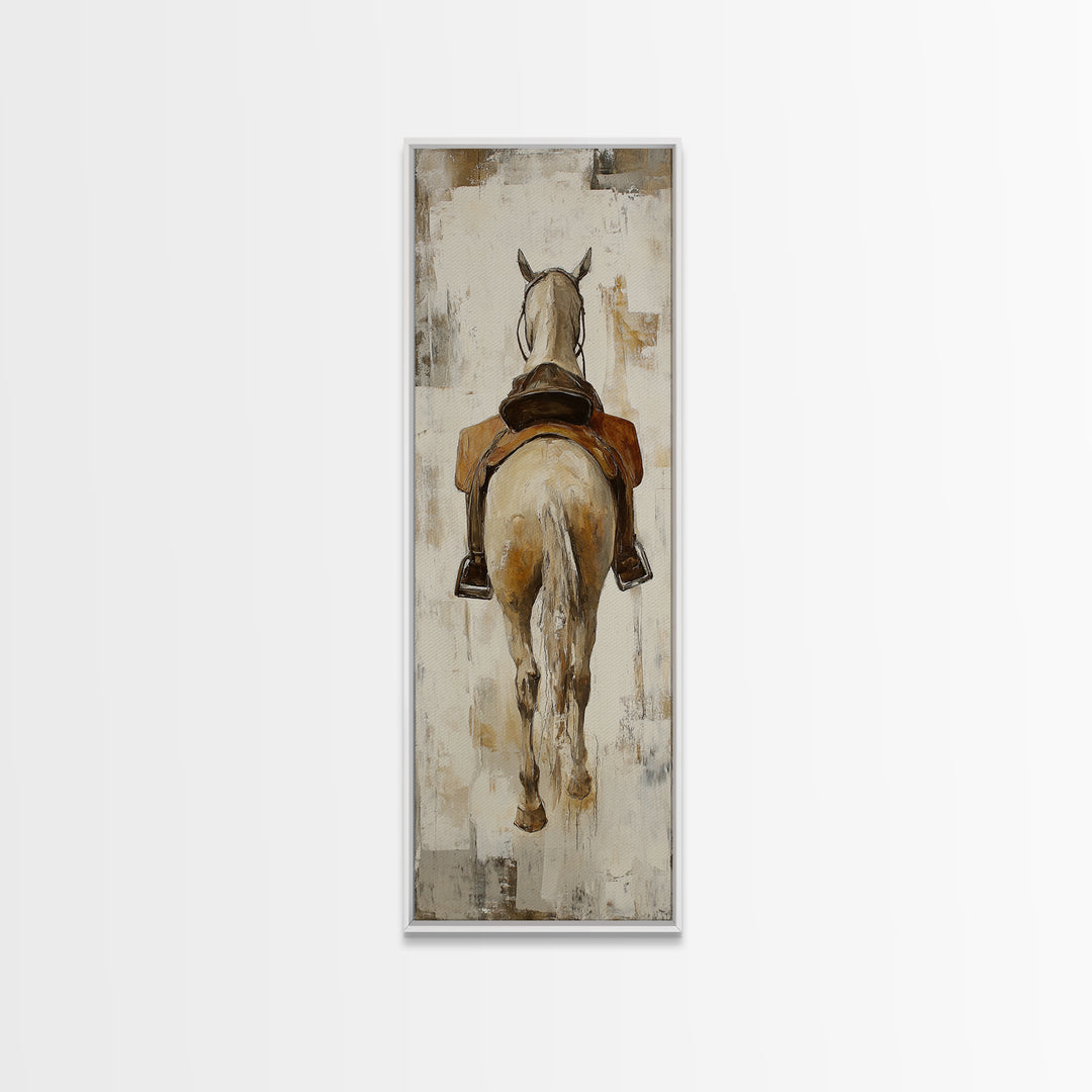 Saddled White Horse From Behind Framed Canvas Print, Equestrian Wall Art, Western Farmhouse Decor, Gift For Horse Lovers