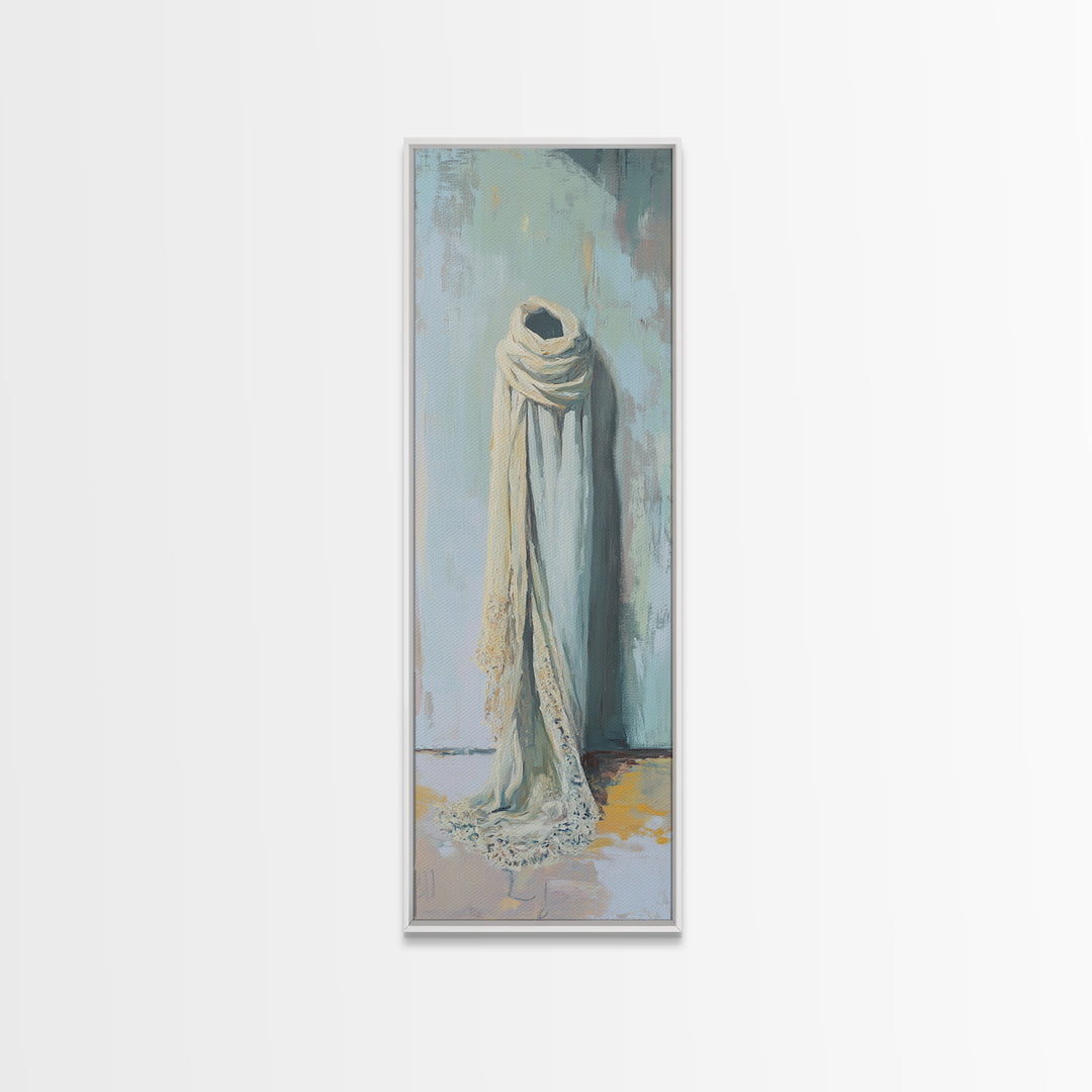 Draped White Scarf On Blue Wall Canvas Print, Minimalist Textile Wall Art, Neutral Bedroom Decor, Soft Wabi Sabi Art, Calming Decor