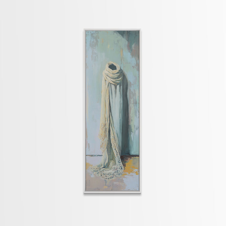 Draped White Scarf On Blue Wall Canvas Print, Minimalist Textile Wall Art, Neutral Bedroom Decor, Soft Wabi Sabi Art, Calming Decor
