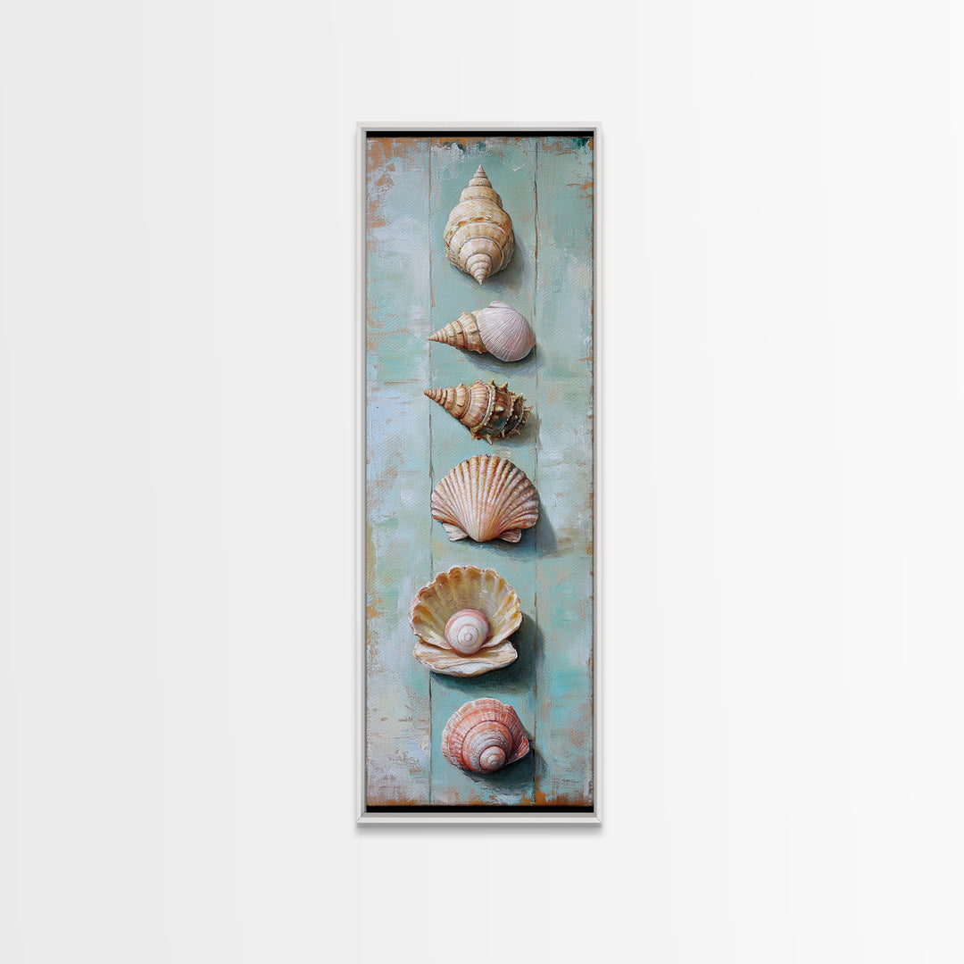 Six Seashells On Turquoise Wood Framed Canvas Print, Coastal Wall Art, Beach House Decor, Nautical Bathroom Wall Decor, Ocean Print