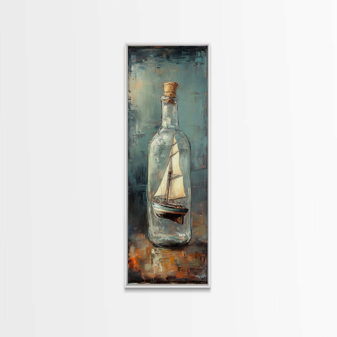Ship In A Glass Bottle Framed Canvas Print, Nautical Wall Art, Coastal Home Decor, Lake House Decor, Ocean Wall Decor, Sailboat Art