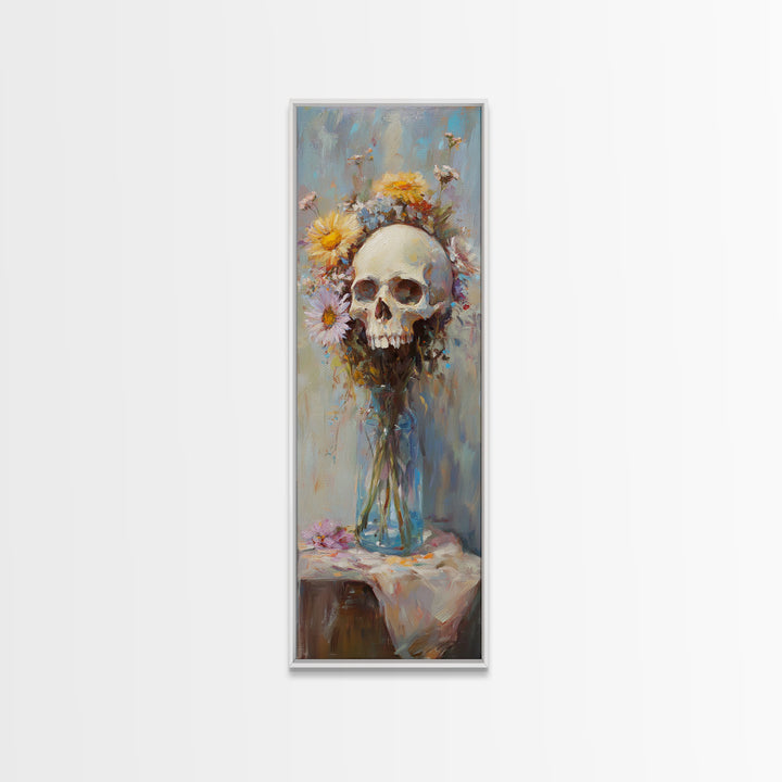 Floral Skull In Glass Vase Wall Art, Gothic Memento Mori Still Life Canvas, Dark Academia Decor, Moody Floral Gift For Her