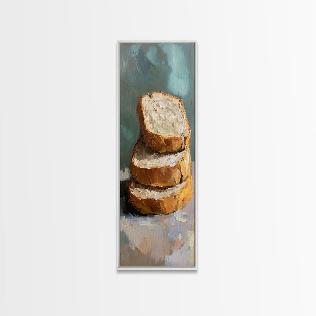 Stacked Crusty Bread Slices Canvas Print, Rustic Kitchen Wall Art, Food Still Life Painting, Bakery Decor Gift For Foodie