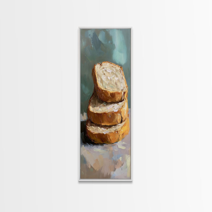 Stacked Crusty Bread Slices Canvas Print, Rustic Kitchen Wall Art, Food Still Life Painting, Bakery Decor Gift For Foodie