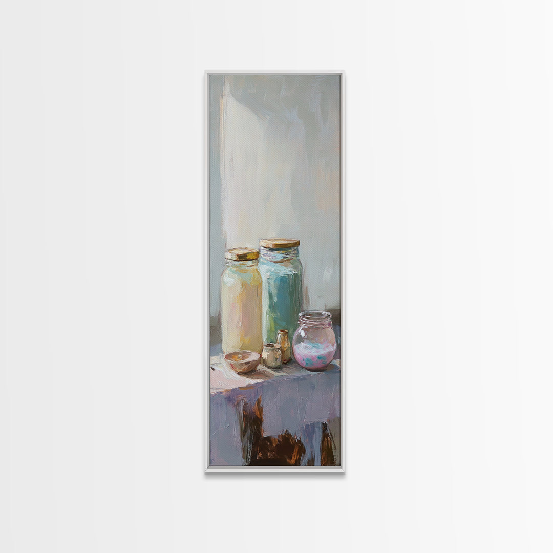 Pastel Glass Jars And Bottles Wall Art, Minimalist Still Life Canvas Print, Soft Kitchen Decor, Modern Home Decor, Housewarming Gift