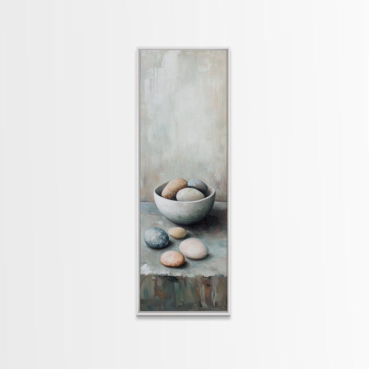 Neutral Bowl Of Smooth Pebbles Wall Art, Minimalist Still Life Canvas, Calming Zen Bathroom Decor, Wabi Sabi Home Decor Gift