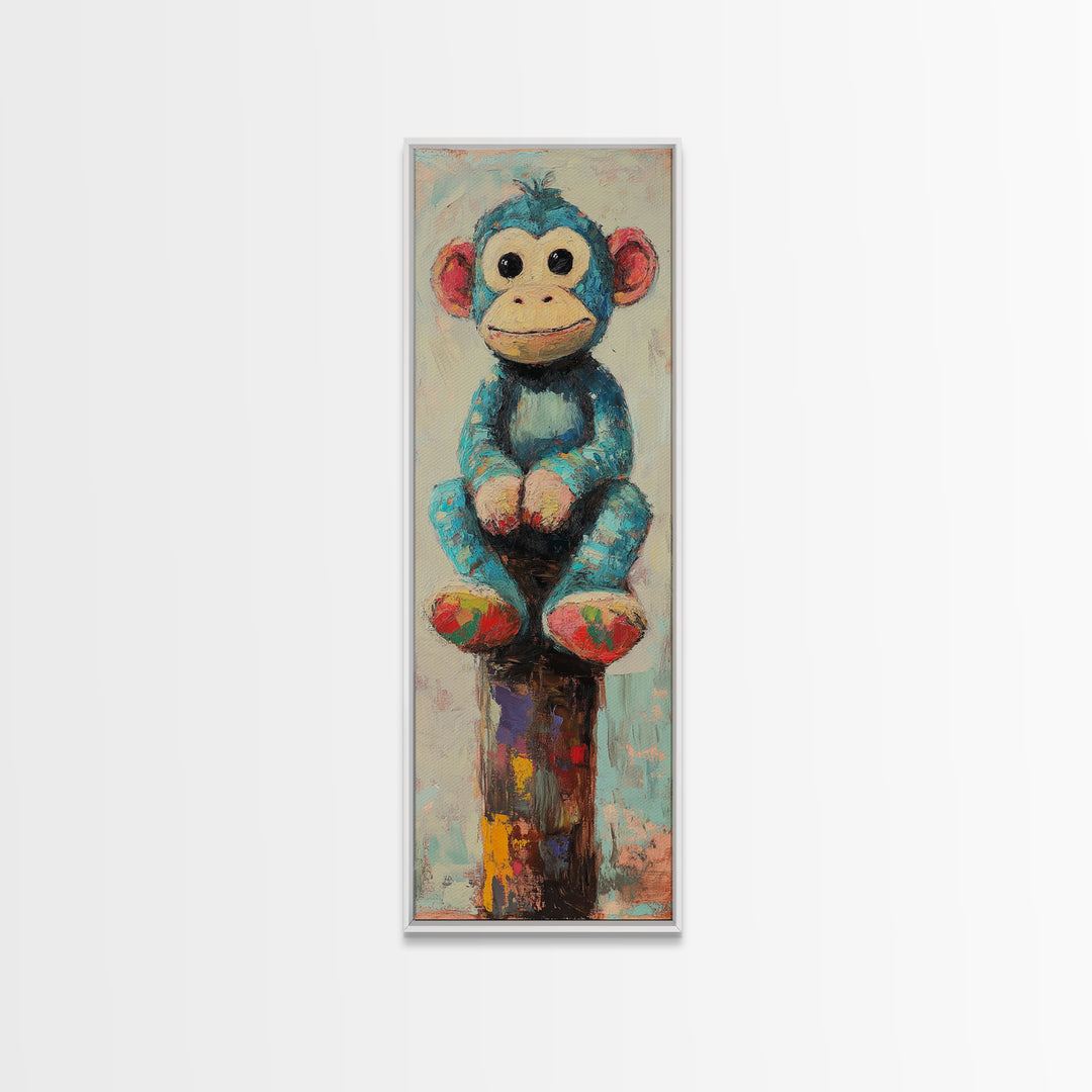 Whimsical Blue Monkey Toy Wall Art, Cute Animal Nursery Decor, Kids Room Canvas Print, Playroom Decor And Baby Shower Gift