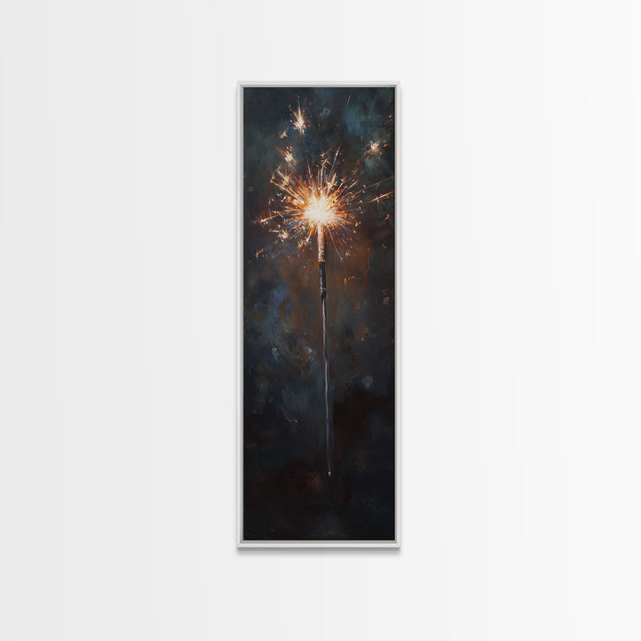 Glowing Sparkler On Dark Night Wall Art, Celebration Canvas Print, Moody Black And Gold Decor, New Year Gift For Party Lovers