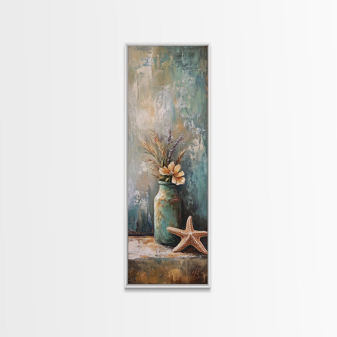 Rustic Jar With Dried Grass And Starfish Wall Art, Coastal Canvas Print, Beach House Decor, Neutral Farmhouse Gift, Living Room Decor