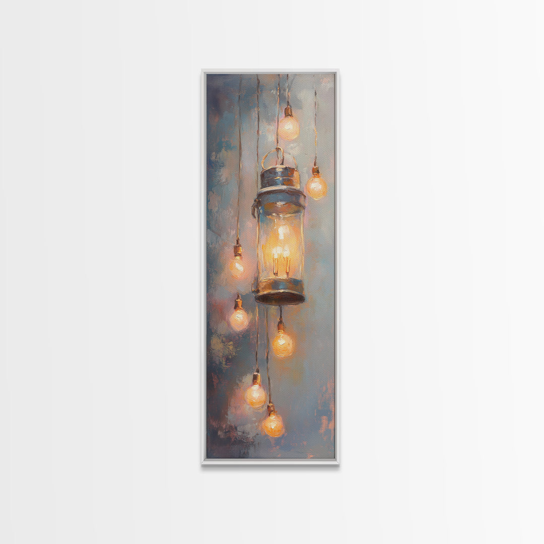 Glowing Mason Jar Lanterns Framed Canvas Print, Rustic Wall Art, Farmhouse Lighting Decor, Cozy Kitchen Wall Decor Gift Idea
