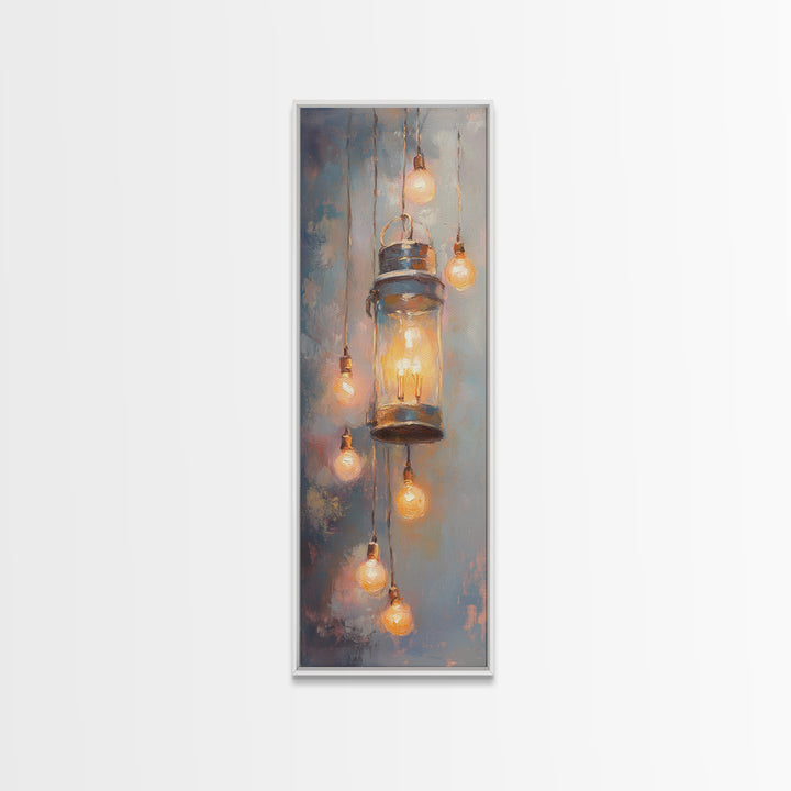 Glowing Mason Jar Lanterns Framed Canvas Print, Rustic Wall Art, Farmhouse Lighting Decor, Cozy Kitchen Wall Decor Gift Idea