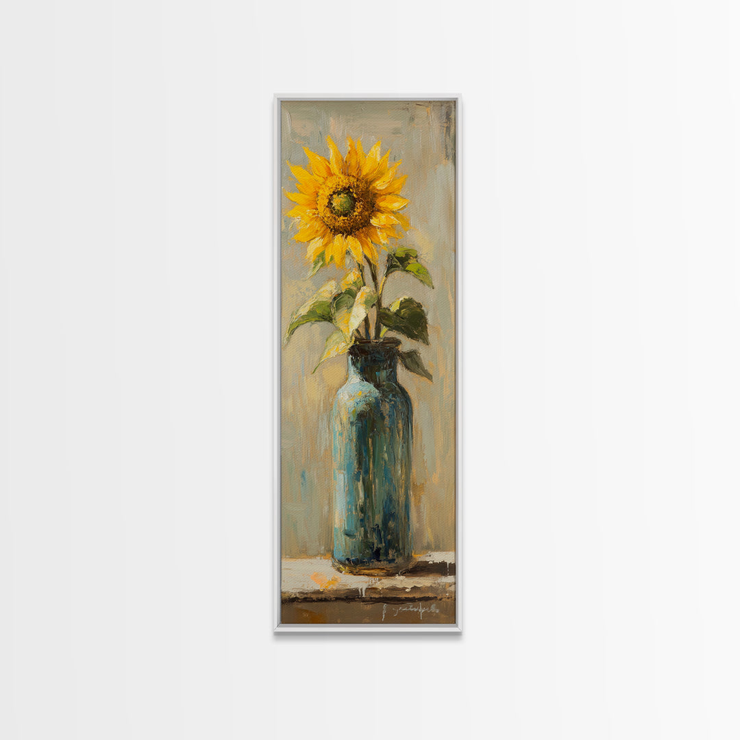 Sunflower In Blue Glass Bottle Vase Wall Art, Rustic Floral Oil Painting Print, Farmhouse Kitchen Decor, Gift For Her, Housewarming Gift