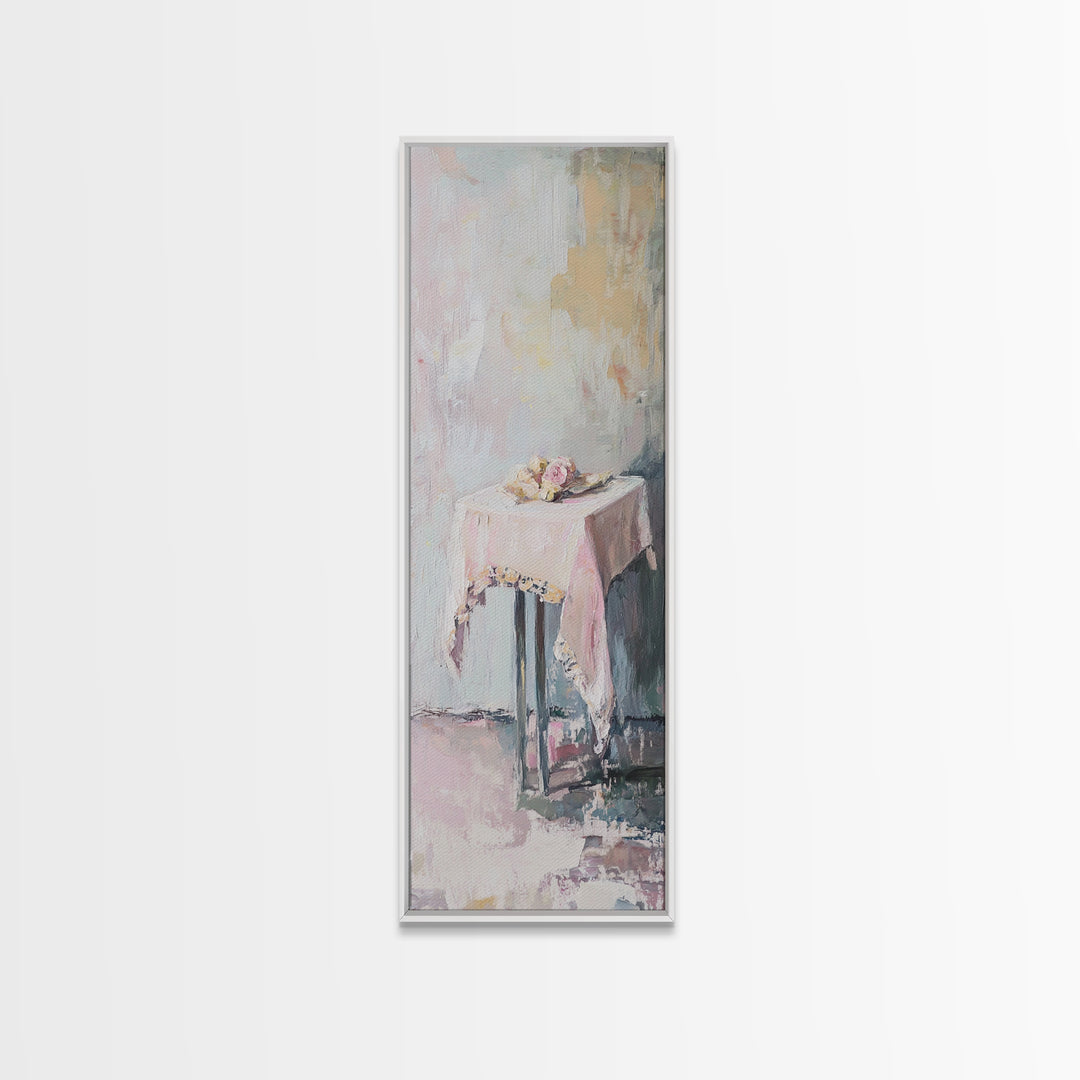 Pastel Pink Draped Table With Teacup Wall Art, Minimalist Canvas Print, Soft Abstract Still Life, Feminine Bedroom Decor