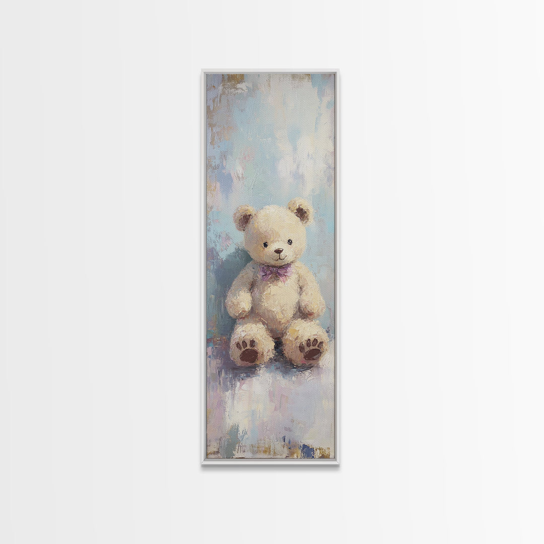 Cream Teddy Bear With Purple Bow Framed Canvas Print, Nursery Wall Art, Whimsical Animal Decor, Baby Shower Gift, Kids Room Decor